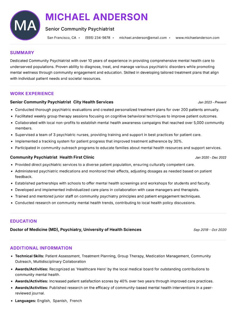Community Psychiatrist resume example