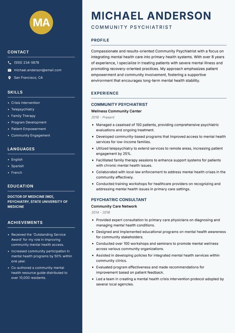 Community Psychiatrist resume sample — Community Psychiatrist focus