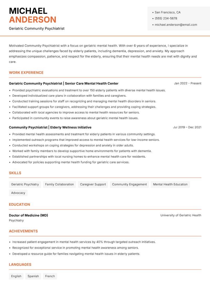 Community Psychiatrist resume sample — Geriatric Community Psychiatrist focus