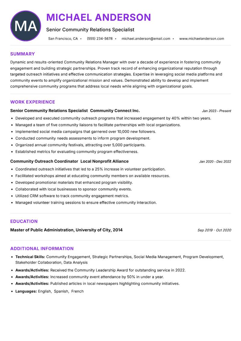Community Relations Manager resume example
