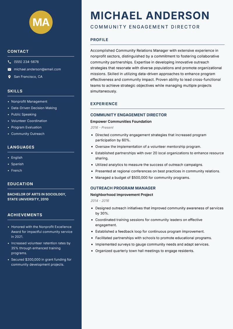 Community Relations Manager resume sample — Community Engagement Director focus