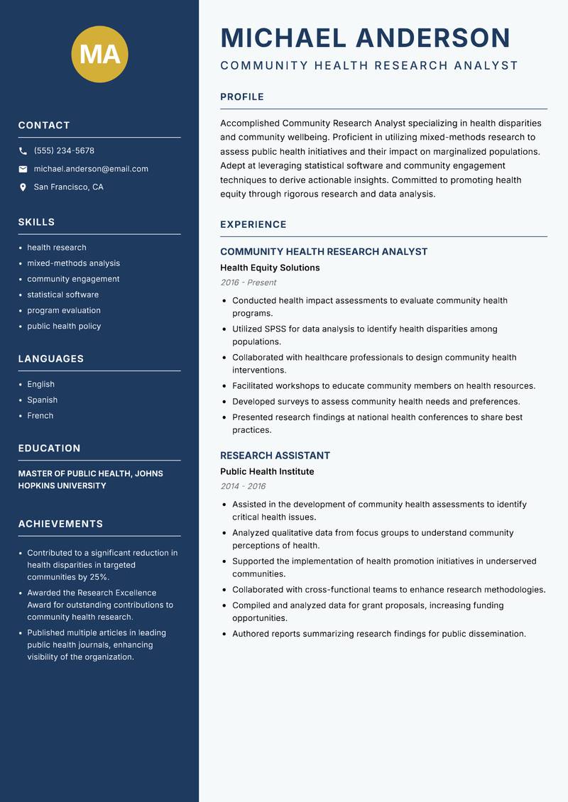 Community Research Analyst resume sample — Community Health Research Analyst focus