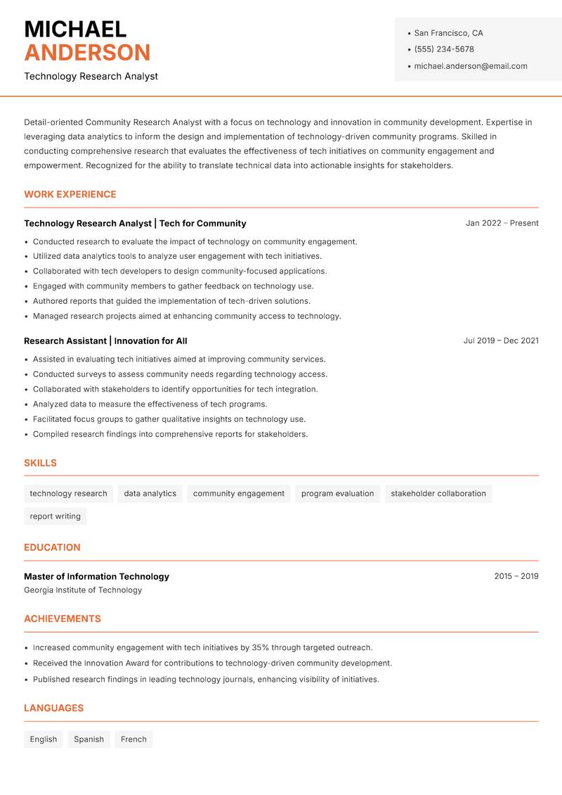 Community Research Analyst resume sample — Technology Research Analyst focus