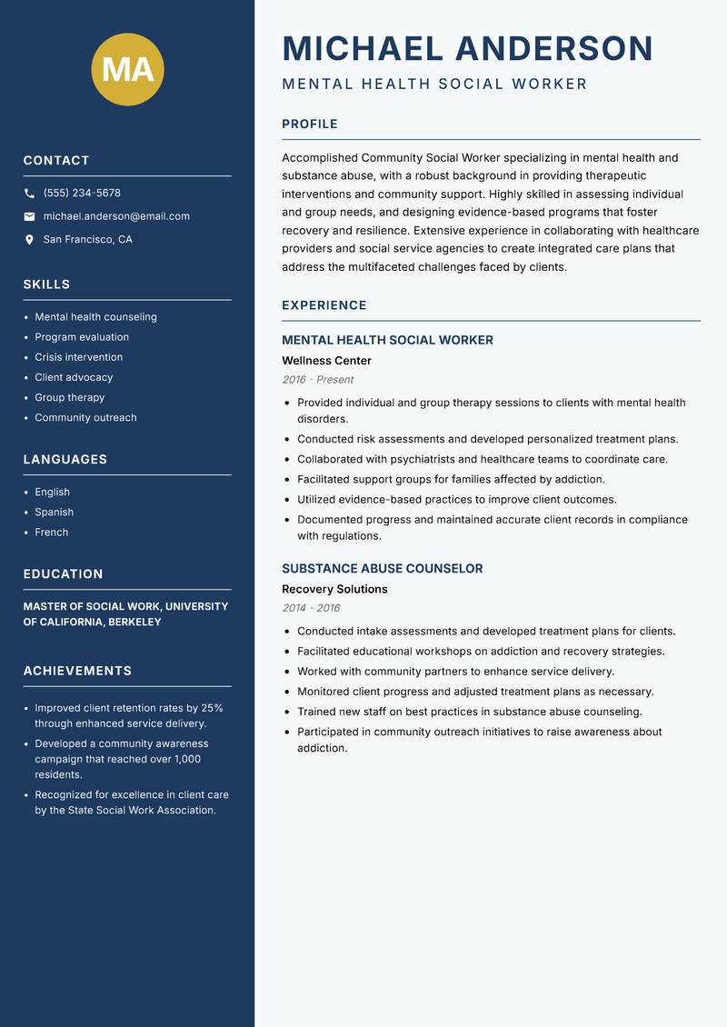 Community Social Worker resume sample — Mental Health Social Worker focus