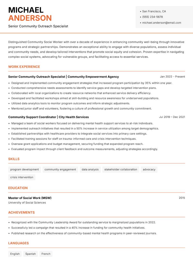 Community Social Worker resume sample — Senior Community Outreach Specialist focus