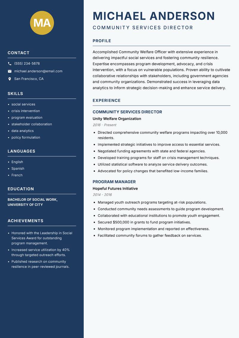 Community Welfare Officer resume sample — Community Services Director focus