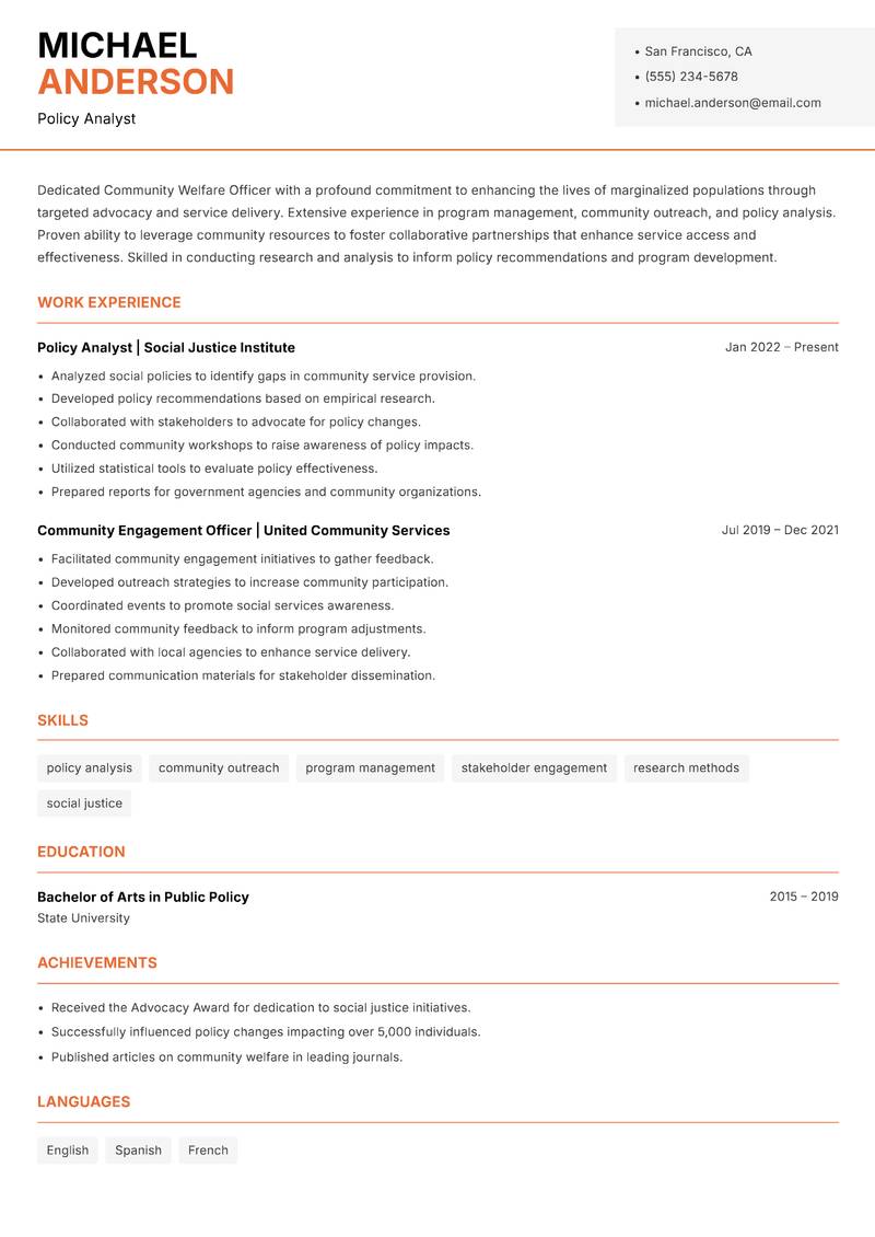 Community Welfare Officer resume sample — Policy Analyst focus