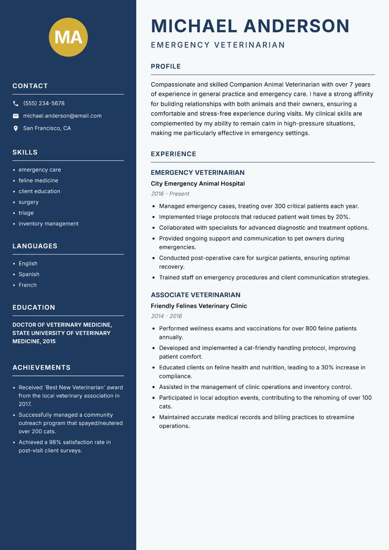 Companion Animal Veterinarian resume sample — Emergency Veterinarian focus