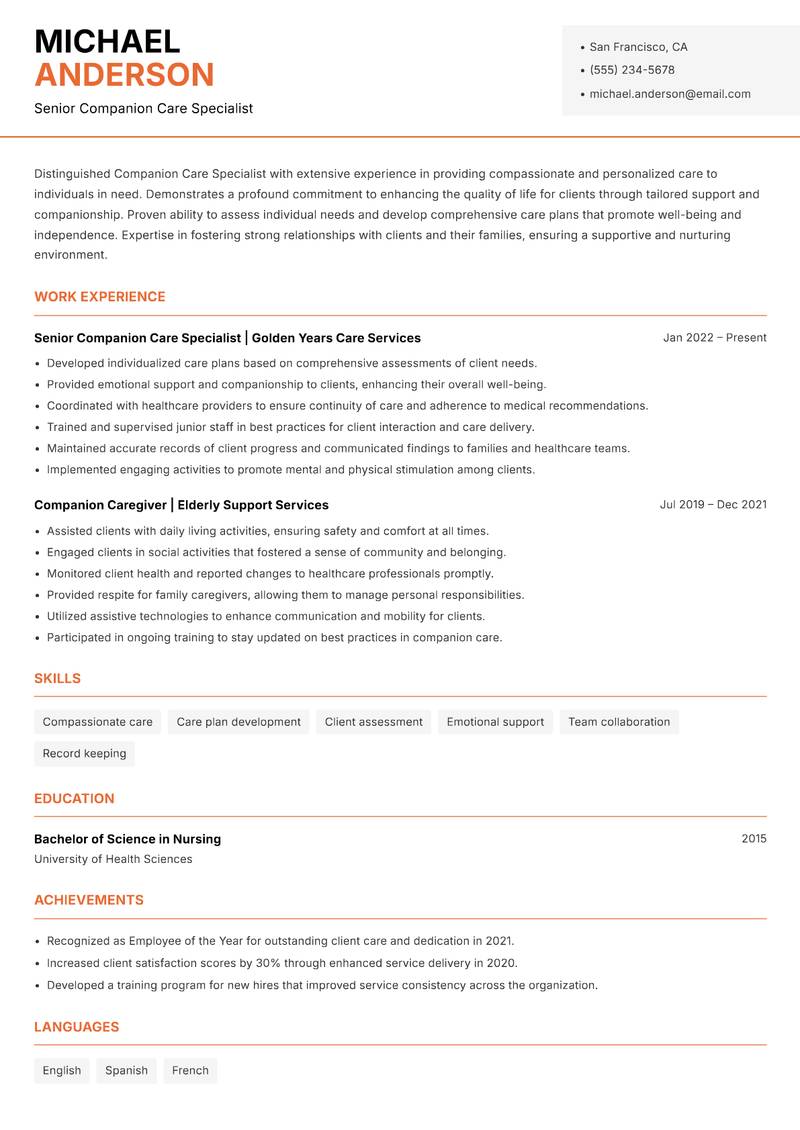 Companion Care Specialist resume sample — Senior Companion Care Specialist focus