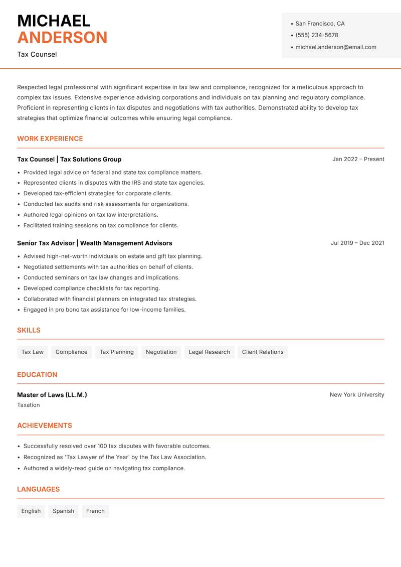 Company Law Tribunal Member resume sample — Tax Counsel focus