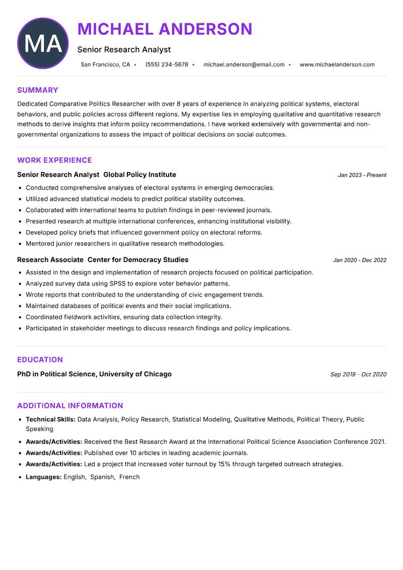 Comparative Politics Researcher resume example
