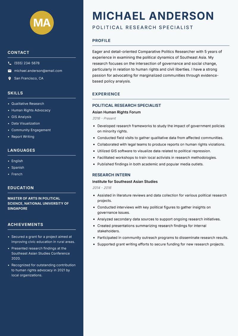 Comparative Politics Researcher resume sample — Political Research Specialist focus