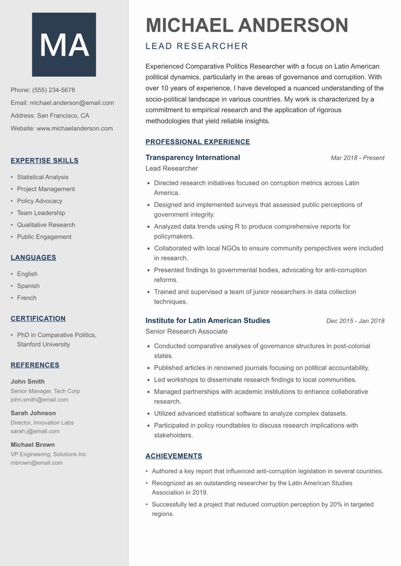 Comparative Politics Researcher resume sample — Lead Researcher focus