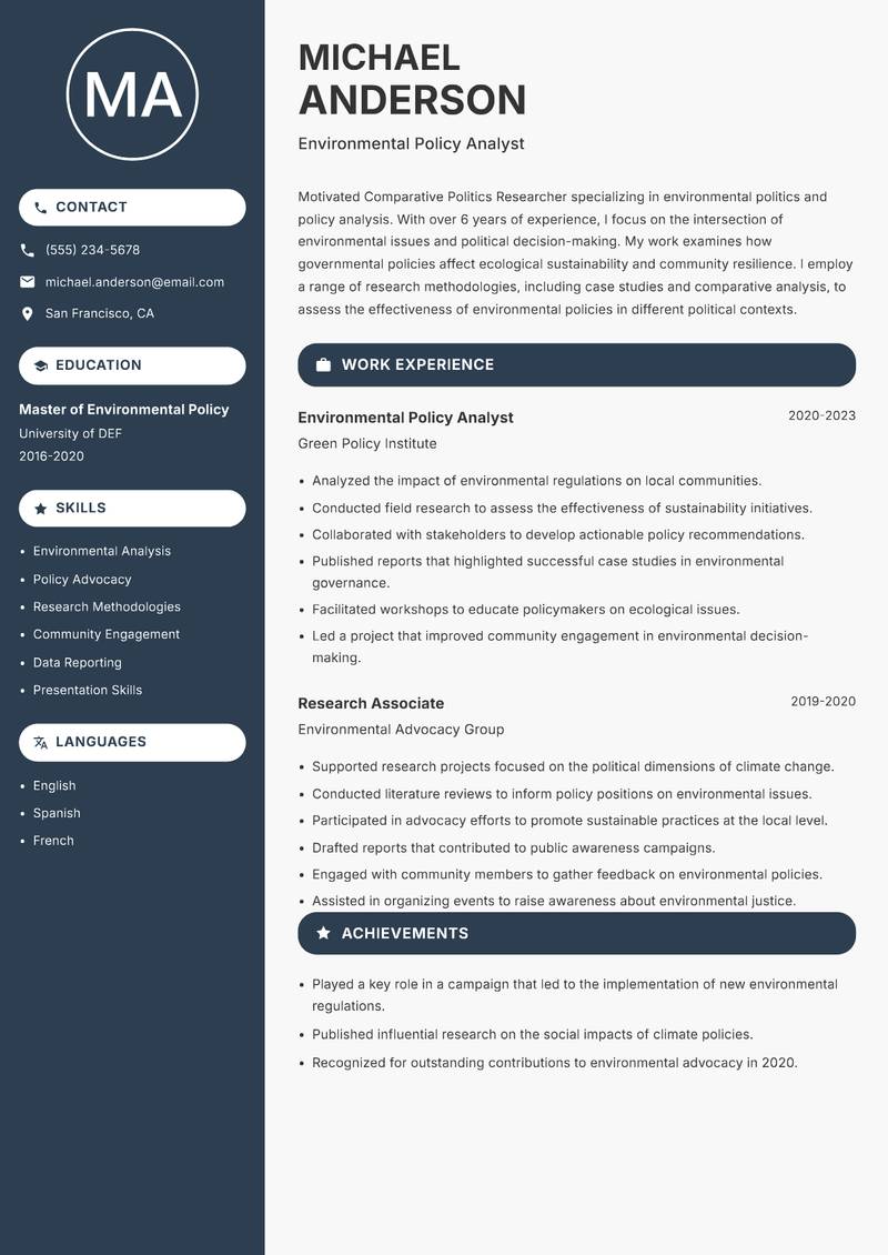 Comparative Politics Researcher resume sample — Environmental Policy Analyst focus