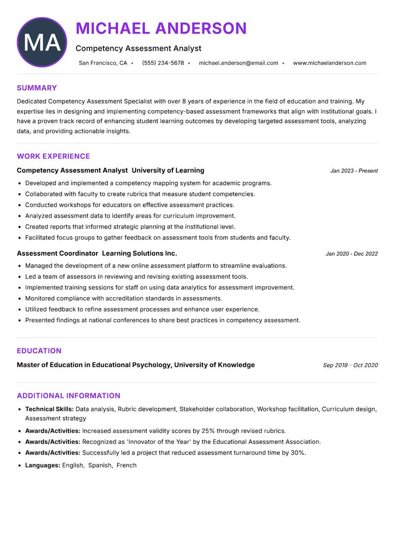 Competency Assessment Specialist resume example