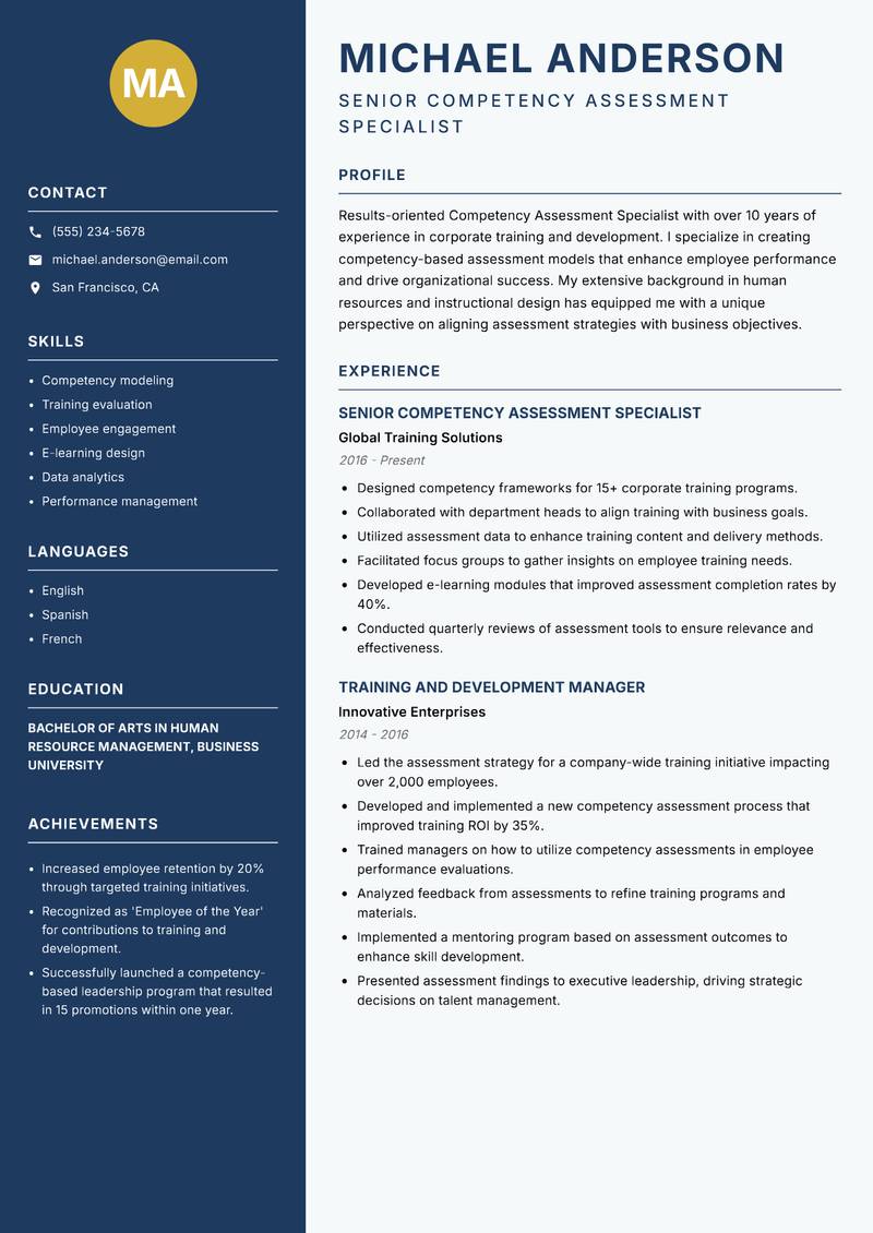 Competency Assessment Specialist resume sample — Senior Competency Assessment Specialist focus