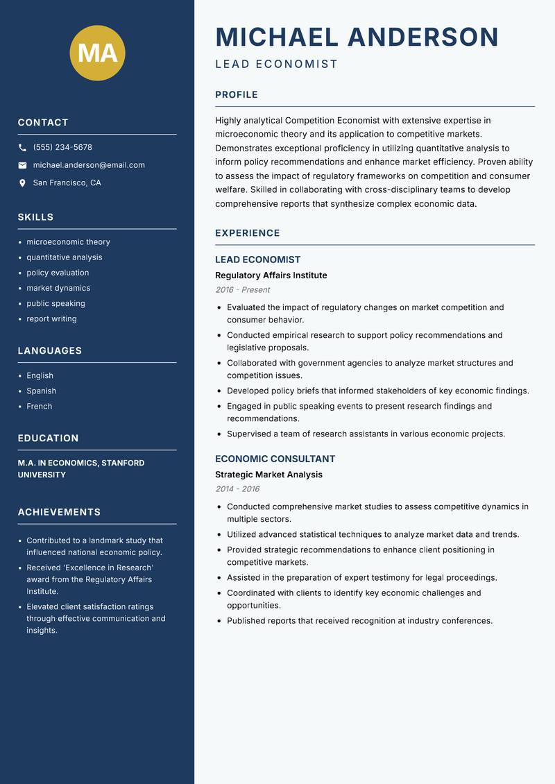 Competition Economist resume sample — Lead Economist focus