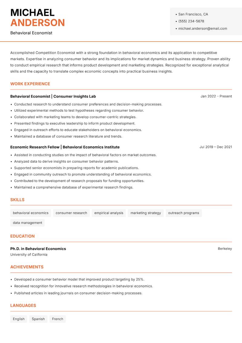 Competition Economist resume sample — Behavioral Economist focus