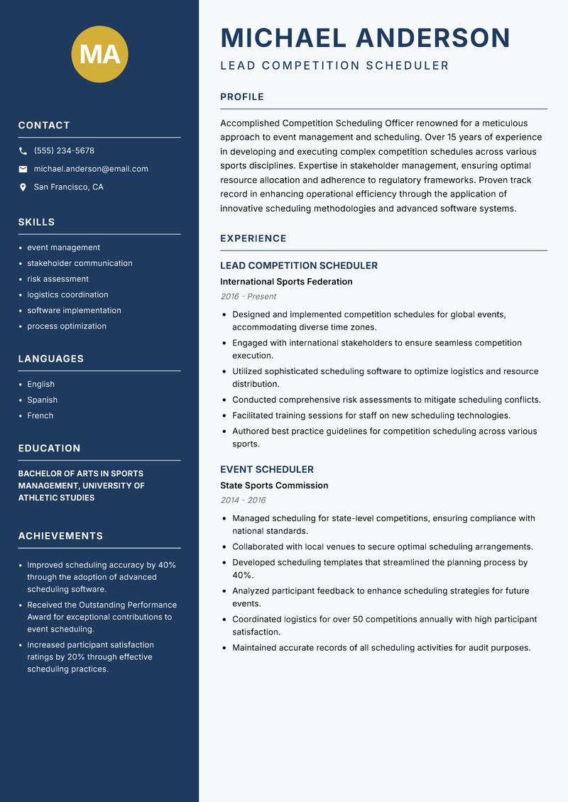 Competition Scheduling Officer resume sample — Lead Competition Scheduler focus