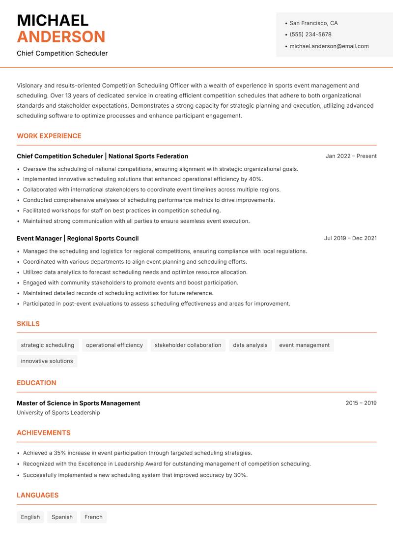 Competition Scheduling Officer resume sample — Chief Competition Scheduler focus