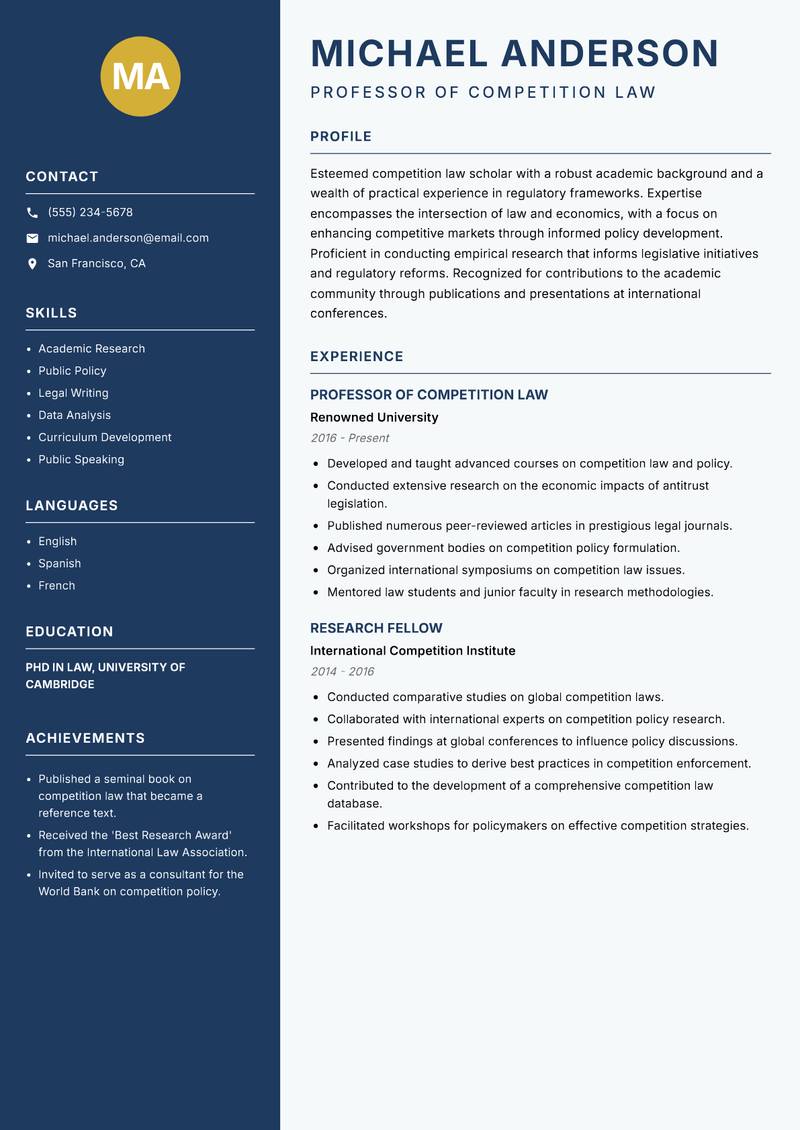 Competition Tribunal Member resume sample — Professor of Competition Law focus