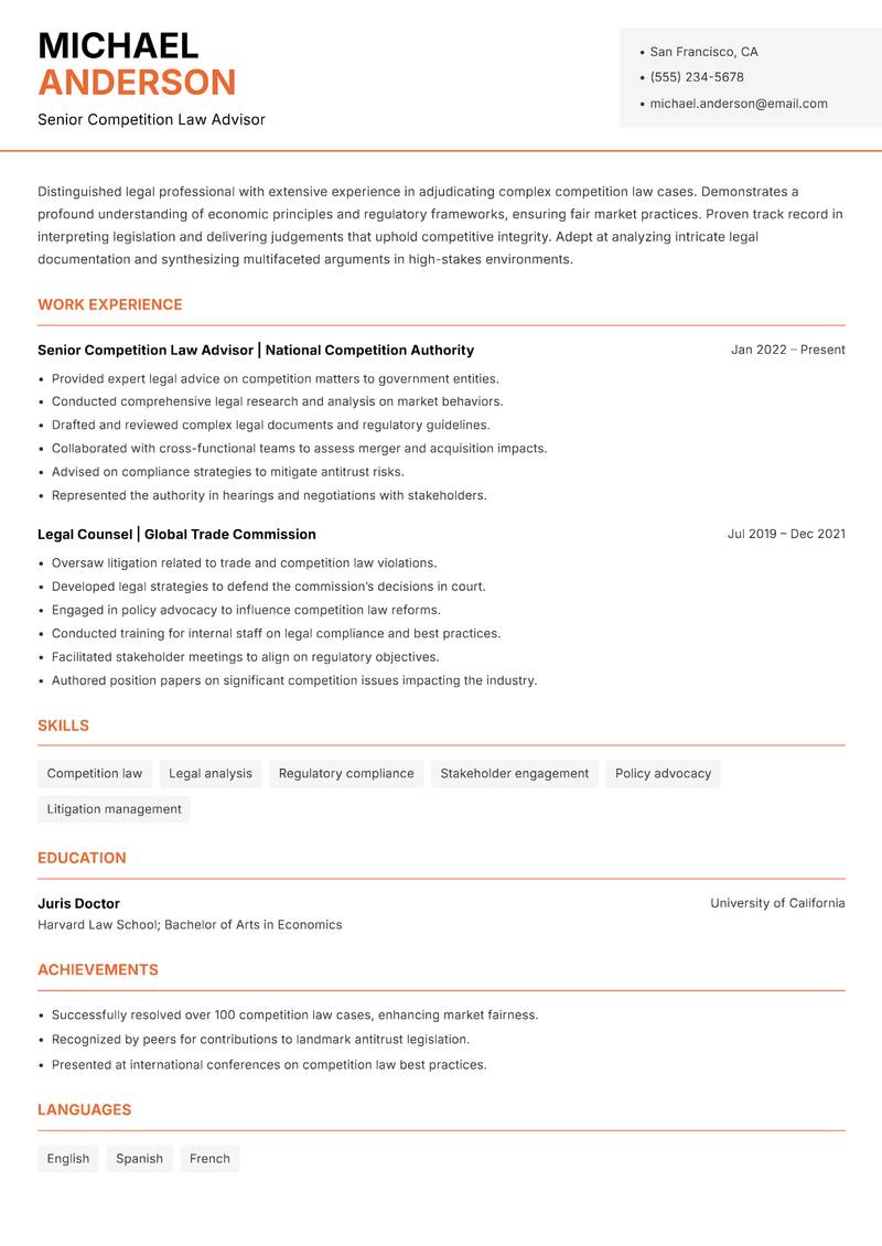 Competition Tribunal Member resume sample — Senior Competition Law Advisor focus