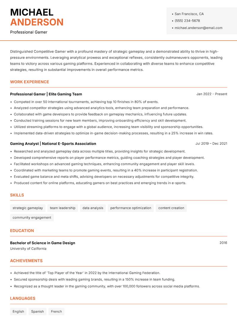 Competitive Gamer resume sample — Professional Gamer focus