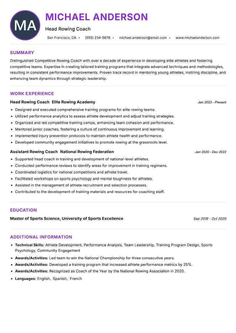 Competitive Rowing Coach resume example