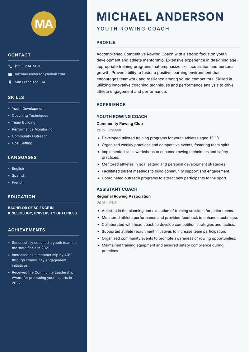Competitive Rowing Coach resume sample — Youth Rowing Coach focus