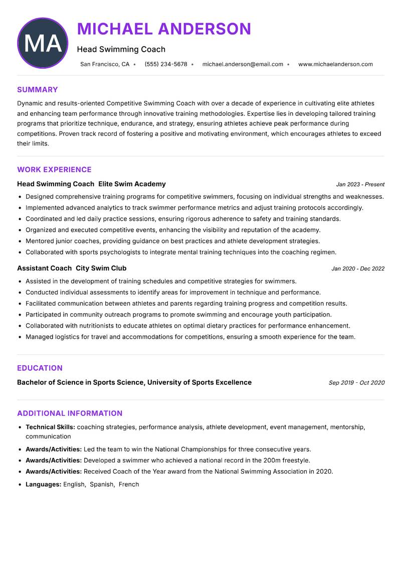 Competitive Swimming Coach resume example