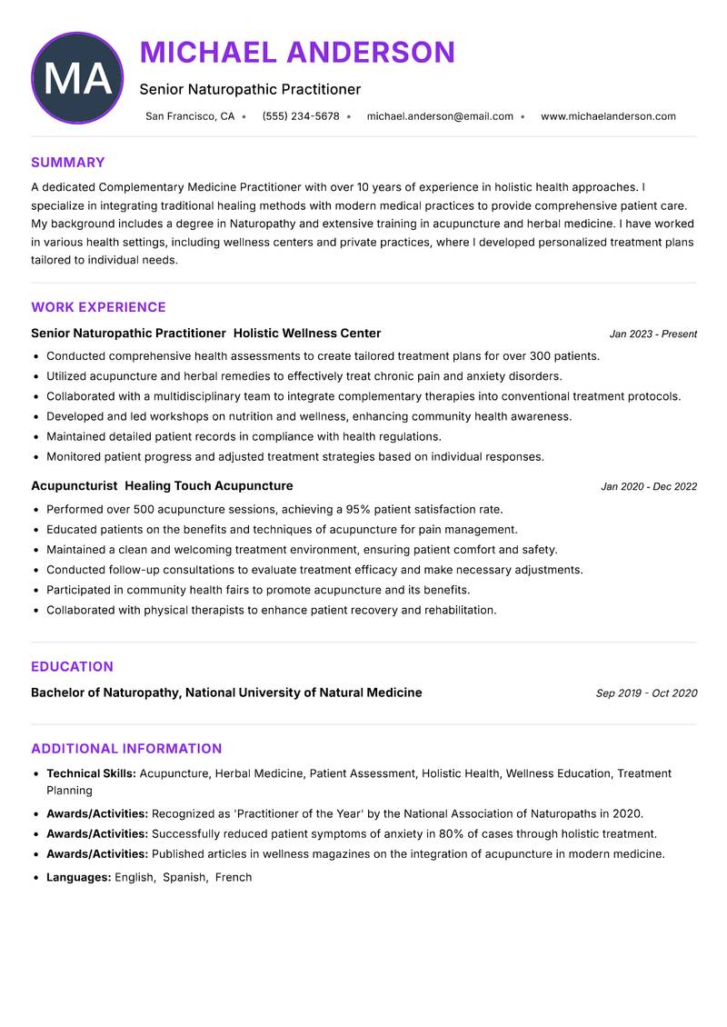 Complementary Medicine Practitioner resume example