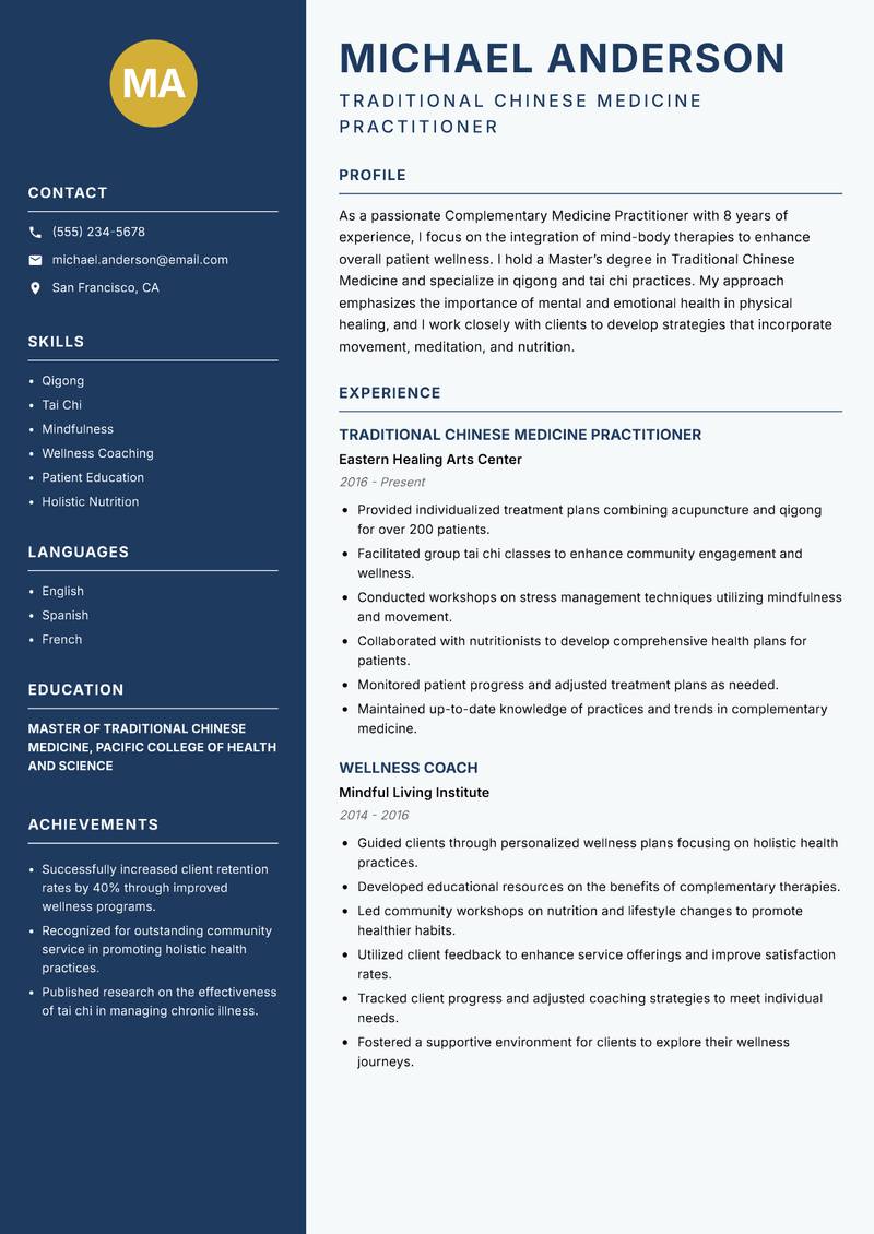 Complementary Medicine Practitioner resume sample — Traditional Chinese Medicine Practitioner focus