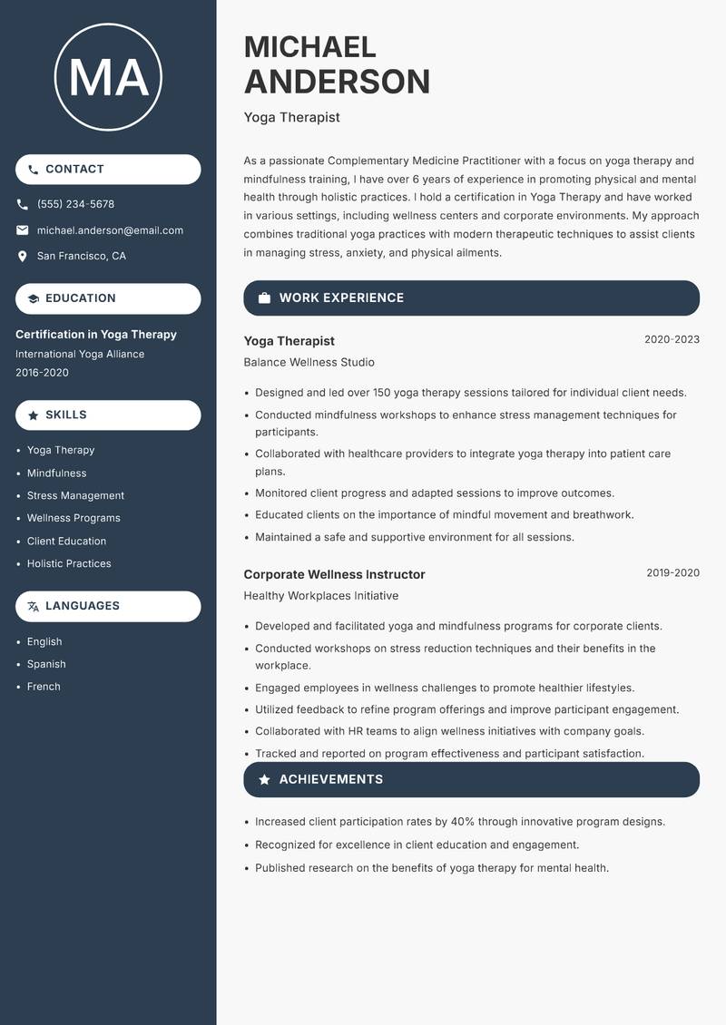 Complementary Medicine Practitioner resume sample — Yoga Therapist focus