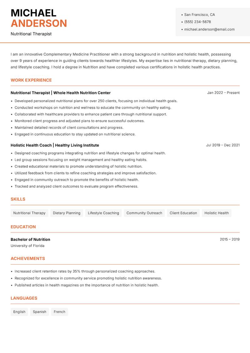 Complementary Medicine Practitioner resume sample — Nutritional Therapist focus