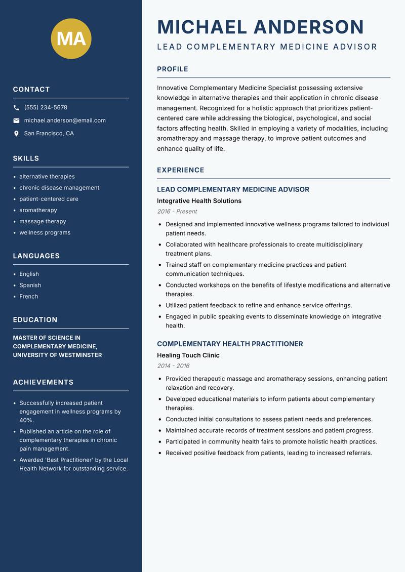 Complementary Medicine Specialist resume sample — Lead Complementary Medicine Advisor focus