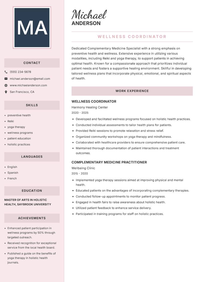 Complementary Medicine Specialist resume sample — Wellness Coordinator focus