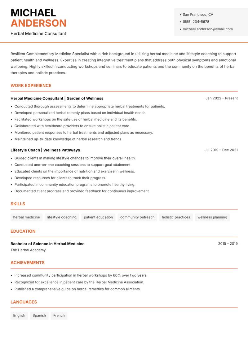 Complementary Medicine Specialist resume sample — Herbal Medicine Consultant focus