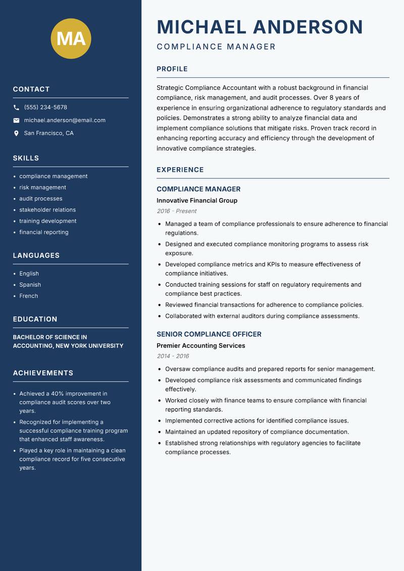 Compliance Accountant resume sample — Compliance Manager focus