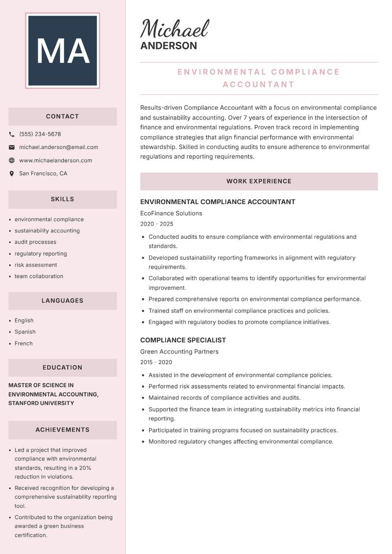 Compliance Accountant resume sample — Environmental Compliance Accountant focus
