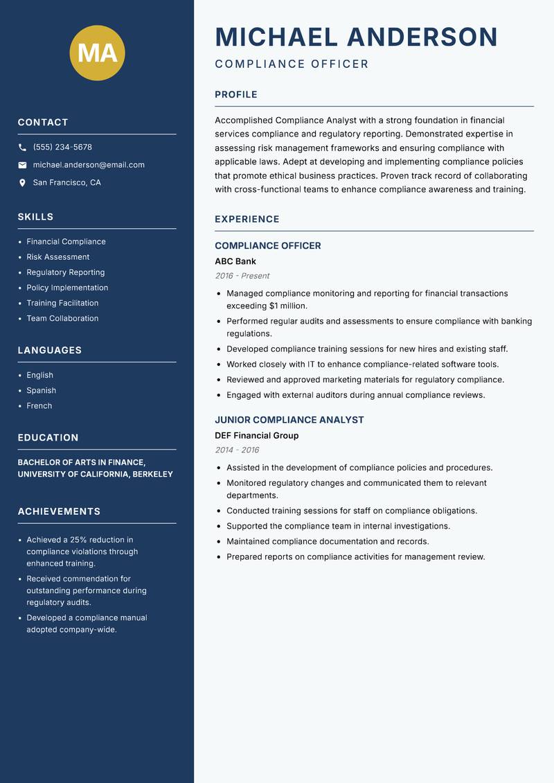 Compliance Analyst resume sample — Compliance Officer focus