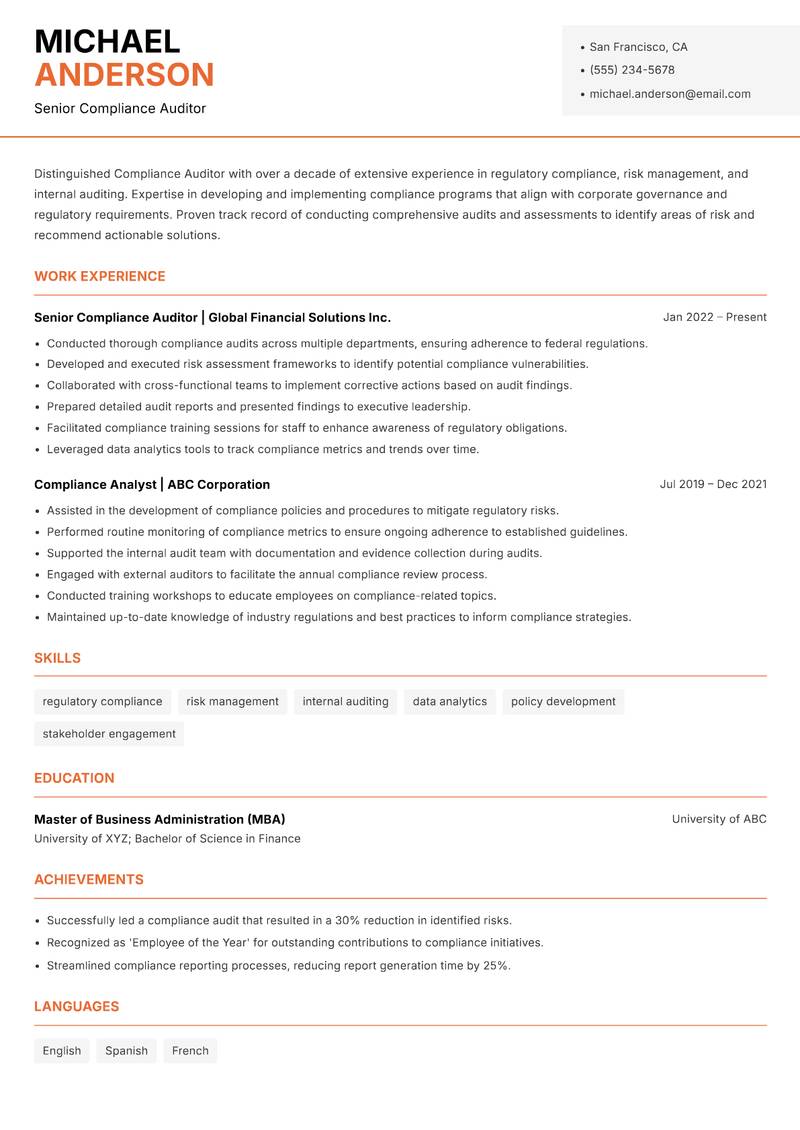 Compliance Auditor resume sample — Senior Compliance Auditor focus