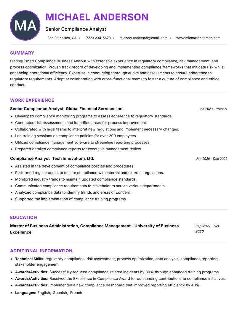 Compliance Business Analyst resume example