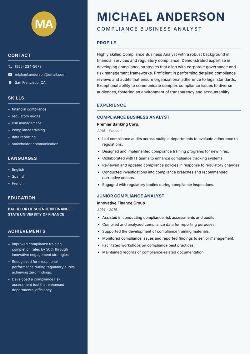 Compliance Business Analyst resume sample — Compliance Business Analyst focus