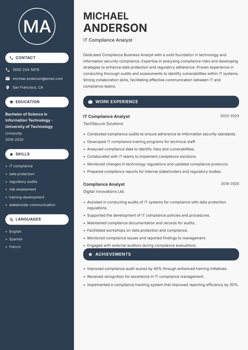 Compliance Business Analyst resume sample — IT Compliance Analyst focus