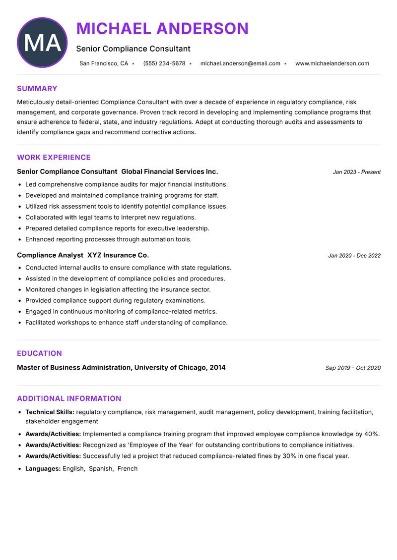 Compliance Consultant resume example
