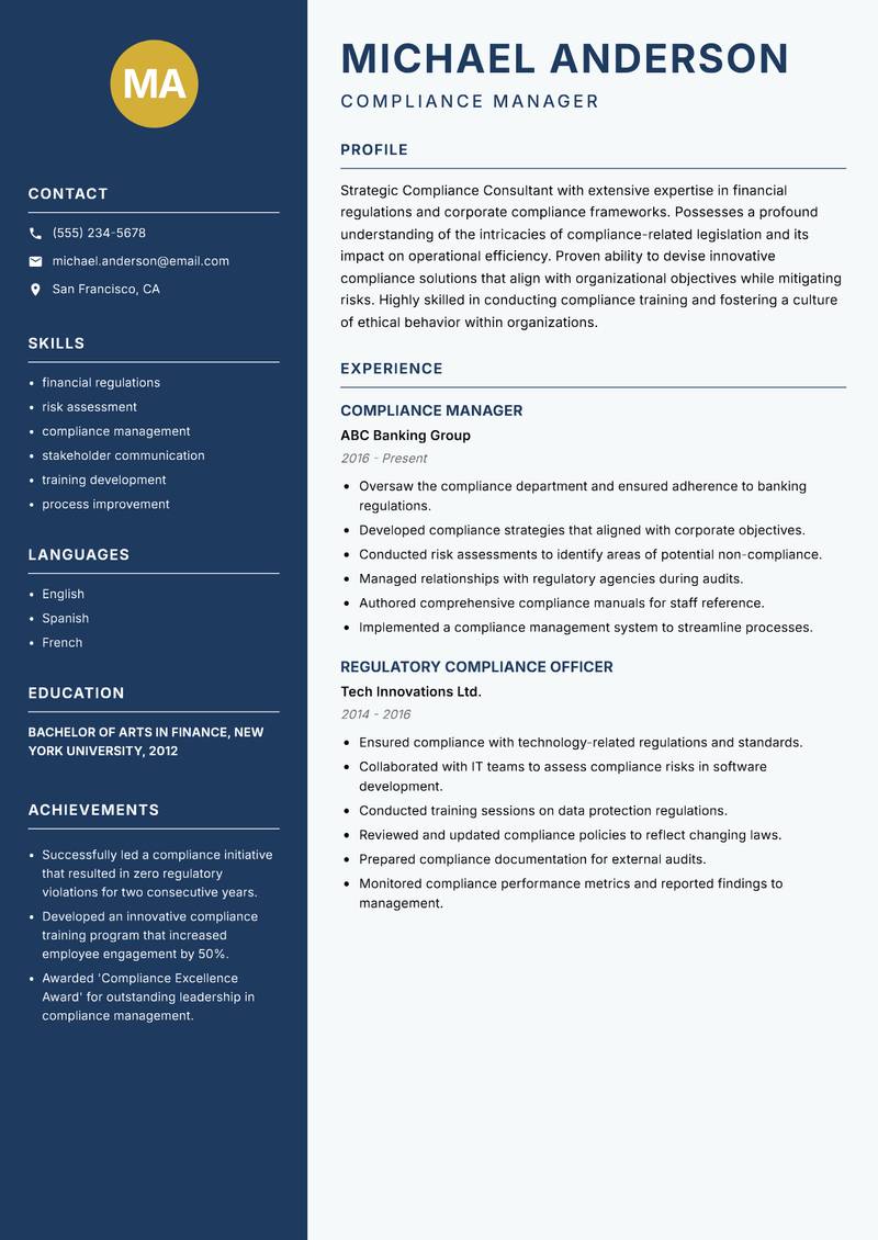 Compliance Consultant resume sample — Compliance Manager focus