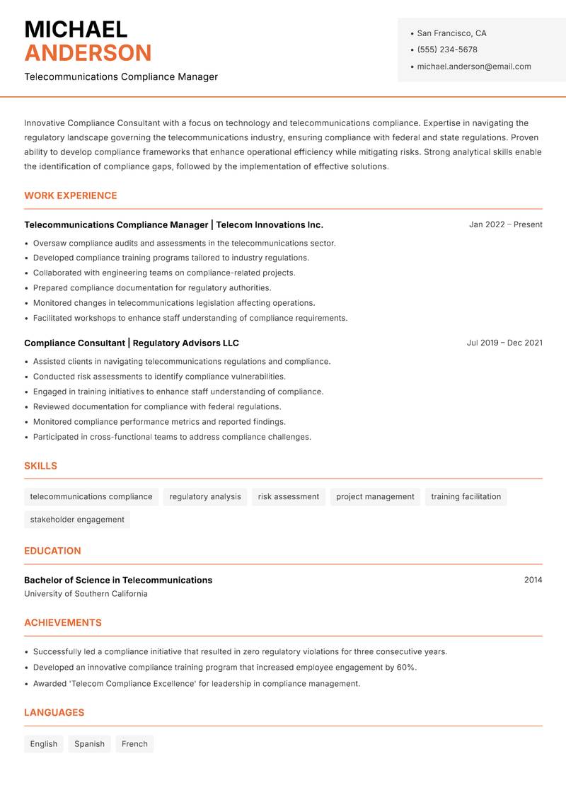 Compliance Consultant resume sample — Telecommunications Compliance Manager focus