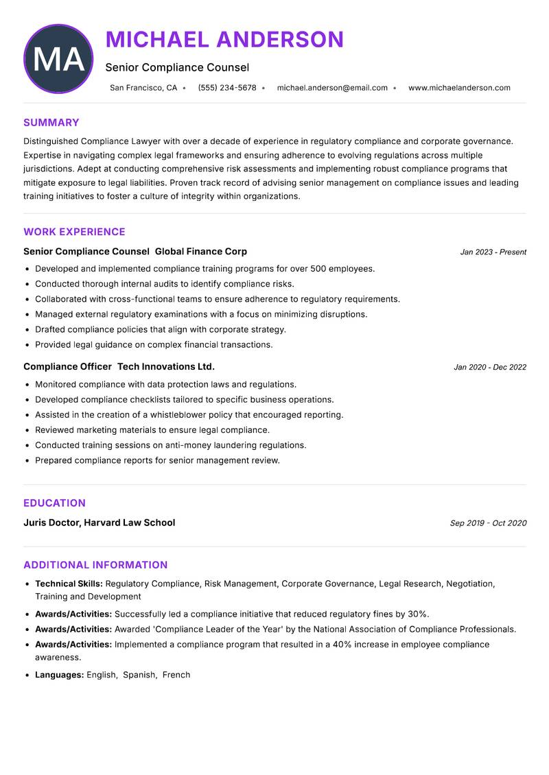 Compliance Lawyer resume example
