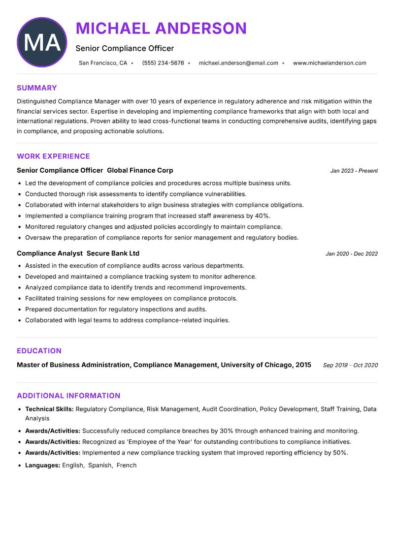Compliance Manager resume example