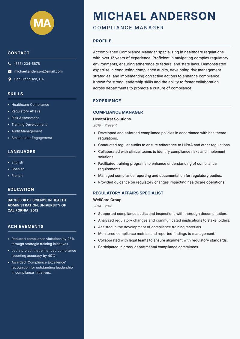 Compliance Manager resume sample — Compliance Manager focus